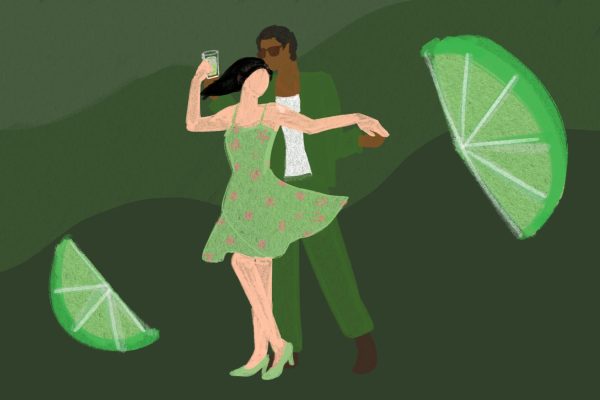 On a dark green background decorated with lime slices, a man dressed in a forest green jacket and pants with a white tank top and brown boots dances with a woman in a light green floral dress and heels. They hold a cylindrical glass with green liquid between their right hands.