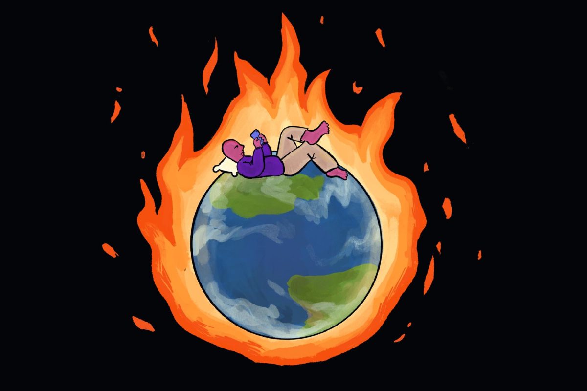 An illustration of the Earth on fire. Laying on top of the Earth is a student on their phone.