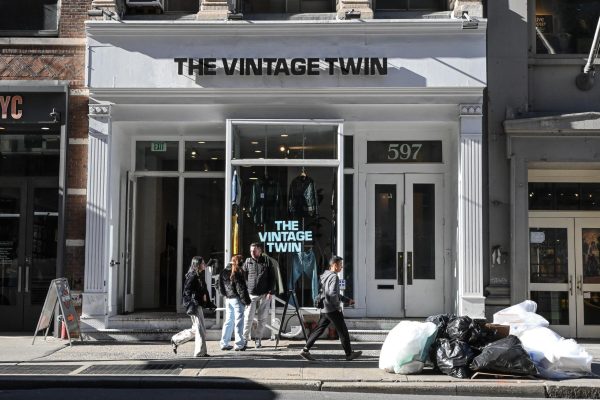 Articles of clothing hanging in a shop window with an inverted sign spelling out “THE VINTAGE TWIN.”