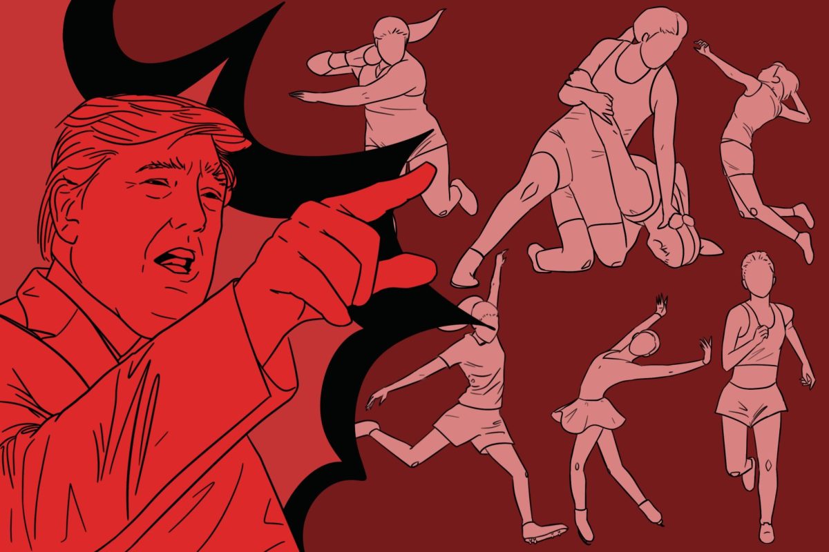 A red, monochromatic illustration of an angry Donald Trump pointing towards figures of female athletes.