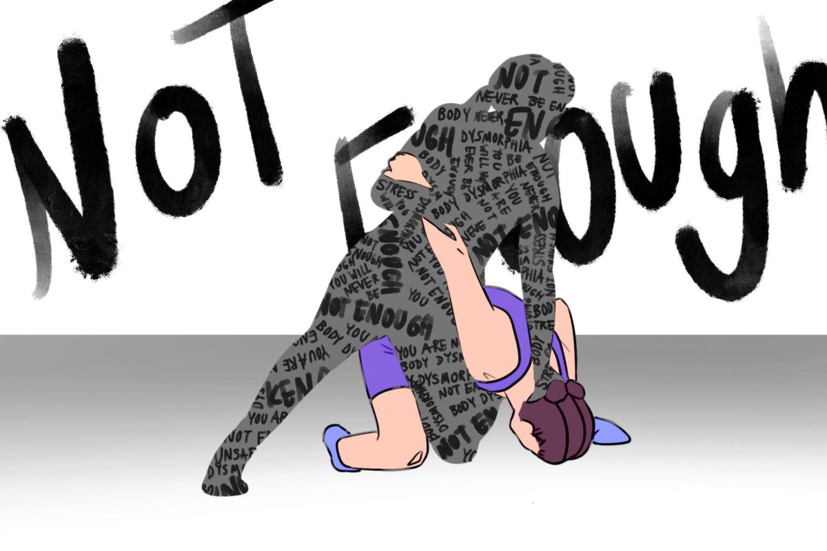 An illustration of a grey figure wrestling with an athlete in a purple wrestling uniform. The grey figure is marked with negative black text and behind the two figures is large writing saying “NOT ENOUGH.”