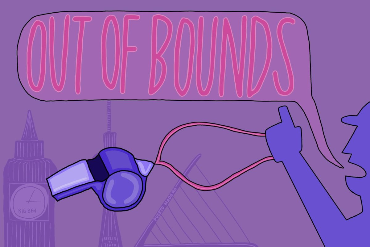 A purple illustration of a person shouting “OUT OF BOUNDS" while holding a big whistle. Behind the person is Big Ben, the Berlin TV Tower and Puerto Madero's Puente de la Mujer footbridge.