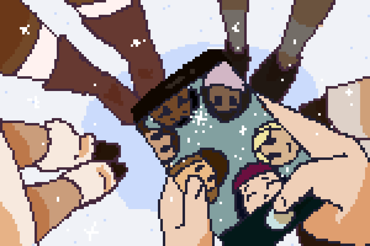 A pixel-art illustration of a group of girls taking a selfie in the snow.