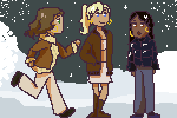 A pixel-art illustration of three girls in a snowy scene.  One wears a short brown coat, another wears a longer brown coat and the third wears a navy puffer jacket.