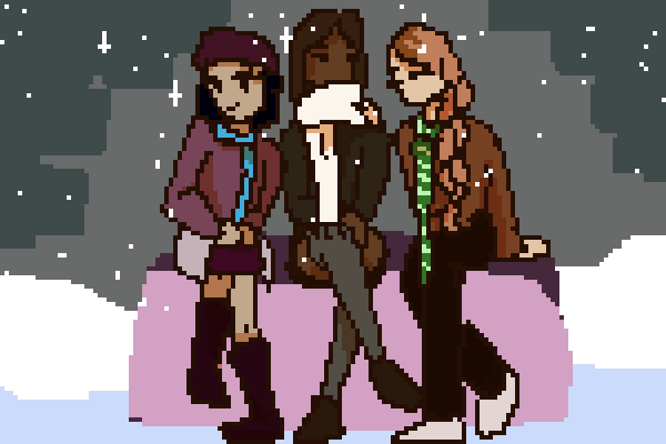 A pixel-art illustration of three girls sitting in a snowy scene each wearing a different outfit.  The leftmost one wears a blue scarf, the middle one wears a thick white scarf and the rightmost one wears a green striped scarf.