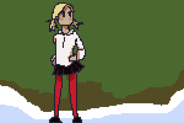 A pixel-art illustration of a blonde girl standing in a snowy scene.  She wears an off-white quarter-zip sweatshirt, a black skirt, red tights and black shoes.