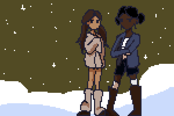 A pixel-art illustration of two girls standing in a snowy scene.  One wears matching leg warmers and a jacket in beige while the other wears knee-high brown boots with white leg warmers peeking out of them.