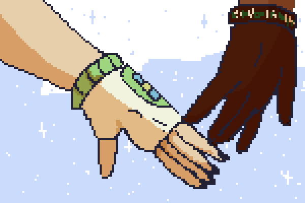 A pixel-art illustration of two outstretched hands in a snowy scene.  One hand wears a white and green fingerless glove while the other wears a brown glove with a green and white pattern around the wrist.