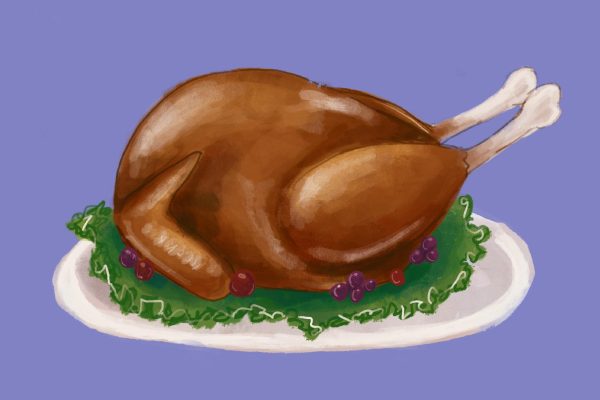 An illustration of an oven roasted turkey against a light purple background.