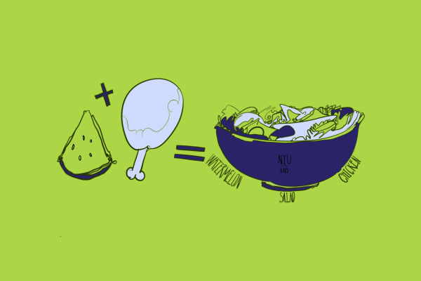 A green and purple illustration of watermelon and chicken with a plus sign on the left, and a bowl of watermelon chicken salad on the right.