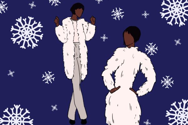 An illustration of a person wearing a white sweater, off-white pants and a white knee-length fur coat.