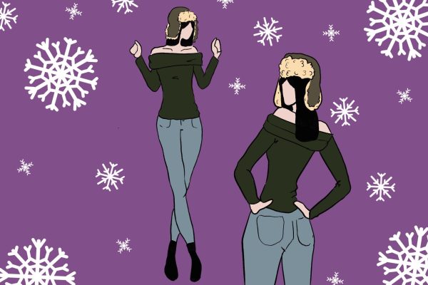 An illustration of a person wearing a green off-the-shoulder long sleeve top, light washed skinny jeans and black boots. On their head is a gray winter hat