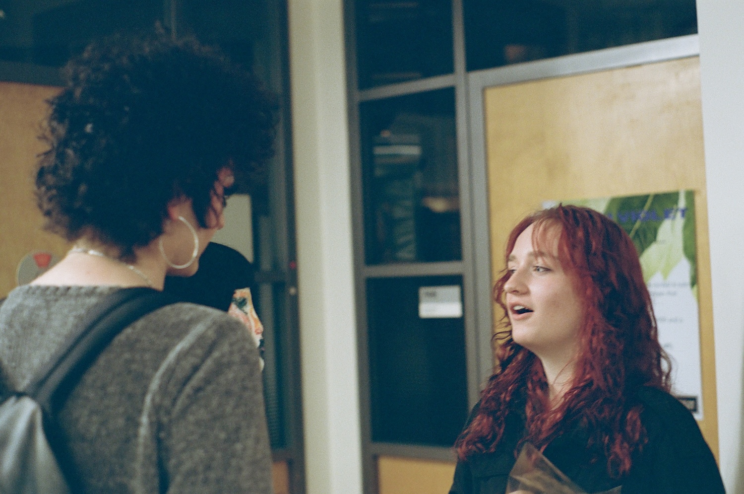 Two people talking to each other. The person on the left has short, dark, curly hair and the person on the right has long red hair and bangs.