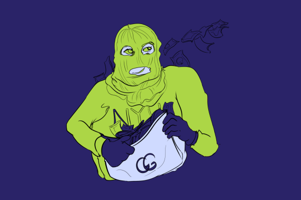 A green and purple illustration of a student in a ski mask fills a designer bag with cash spilling out behind them.