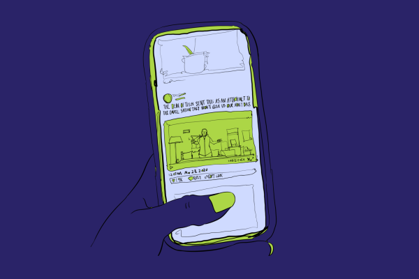 A green and purple illustration of a hand holding a phone that shows a woman mid-dance move accompanied by the title “THE DEAN OF TISCH SENT THIS AS AN ATTACHMENT TO THE EMAIL SAYING THEY WON’T GIVE US OUR MONEY BACK.”