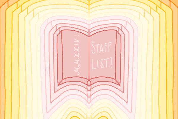 Many pink and yellow books stacked on top of each other, with “MMXXIV” written on one side of the book in the middle and “STAFF LIST!” written on the other.