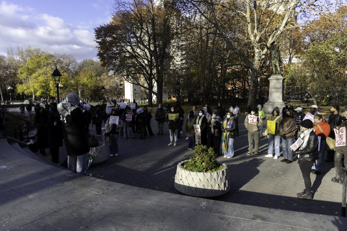 A protest in a park that contains a crowd wearing masks and holding signs that say "Divest From UAE” and “FREE SUDAN”.