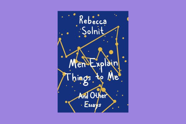 An illustration of a book cover with gold dots and lines connecting them on a dark blue background.. White text reads "Rebecca Solnit" and "Men Explain Things to Me: And Other Essays."