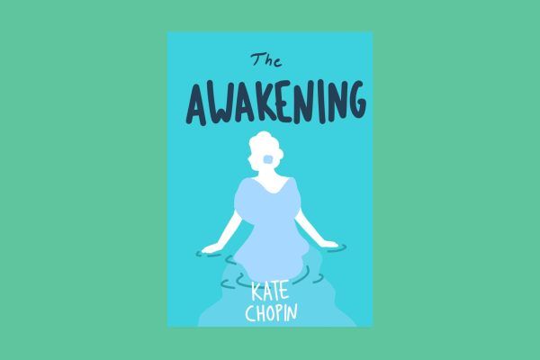 An illustration of a book cover with a white silhouette of a woman wearing a blue dress in water. Above the figure is the title in dark blue, “The AWAKENING,” and below is the author in white, “KATE CHOPIN.”