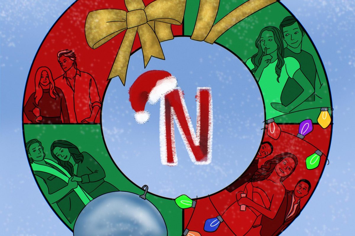 An illustration of a Christmas wreath wrapped in shiny gold ribbon and an ornament, with red and green sections showing different film posters. In the middle is the Netflix logo wearing a red santa hat.