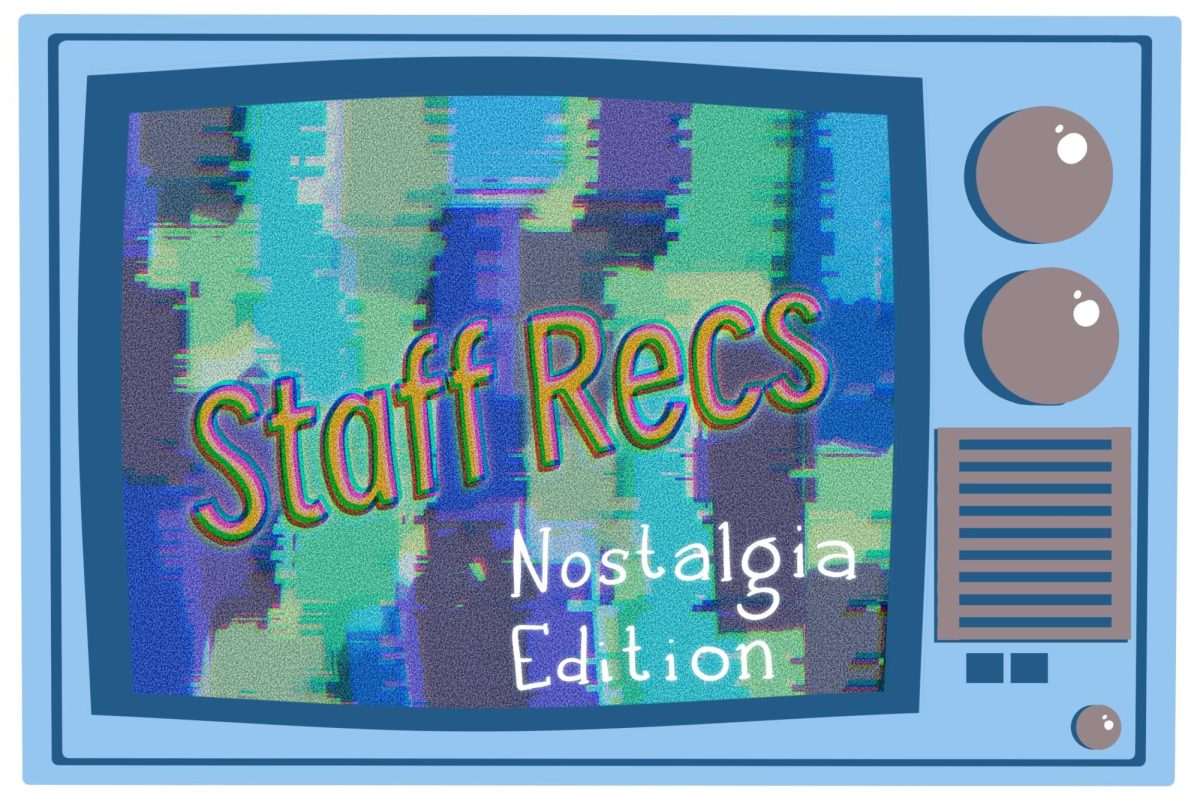 An illustration of a light blue retro television, with colorful statics and “Staff Recs Nostalgia Edition” written in the middle.