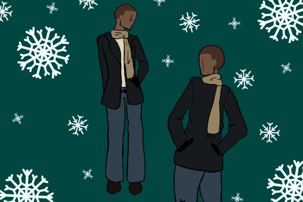 An illustration of a person wearing a black blazer over a white shirt and jeans with a scarf, gloves and brown shoes.