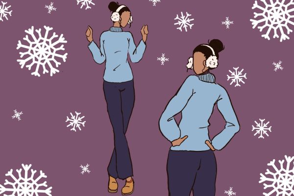 An illustration of a woman wearing a light blue turtleneck, dark blue pants, UGG slippers and white earmuffs.