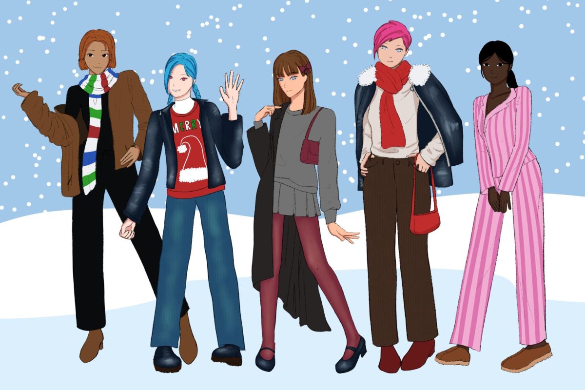 An illustration of several people in different outfits standing in front of a snowy background.