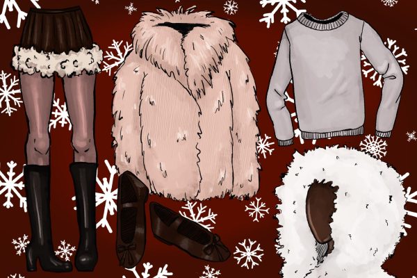 An illustration of various winter clothing items. Depicted in front of a snowy background is a fur coat, a gray sweater, brown ballet flats, a mannequin head with a furry hood and a pair of legs in a miniskirt wearing knee-high boots.