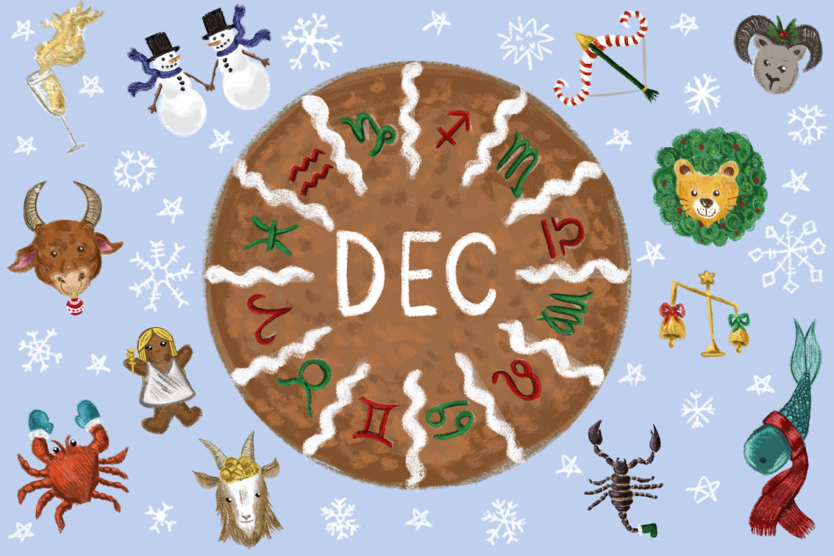 An illustration of a circular cookie with the word “DEC” in the center and the astrological symbols in red and green icing around it. Around the cookie are illustrations of each zodiac symbol with winter accessories and snowflakes.