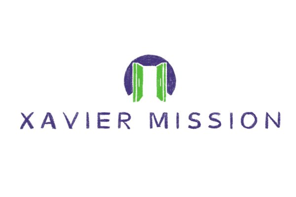 An illustration of a logo with purple text reading “Xavier Mission” below a drawing of green doors in front of a purple semicircle.