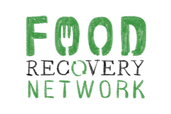 An illustration of a logo with green and black text that reads “Food Recovery Network.”