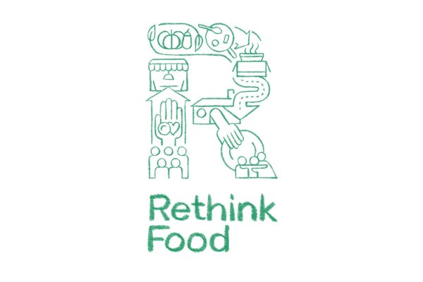 An illustration of a logo with green text reading “Rethink Food” below an “R” made up of various icons