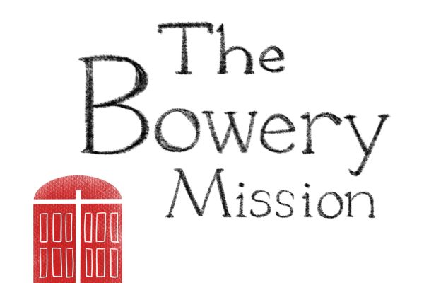 An illustration of a logo with text reading “The Bowery Mission” next to a drawing of a red arched door