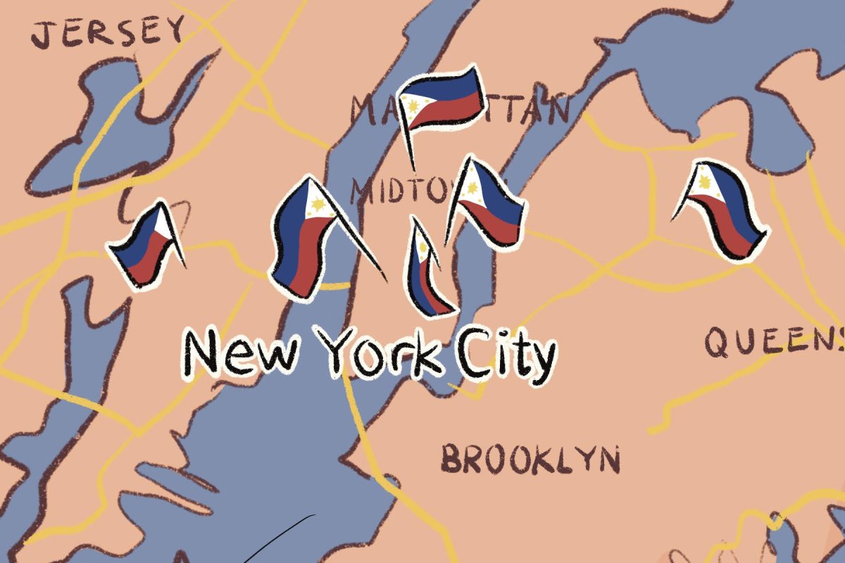 An illustration of a map of New York City with Filipino flags marking points on the map.