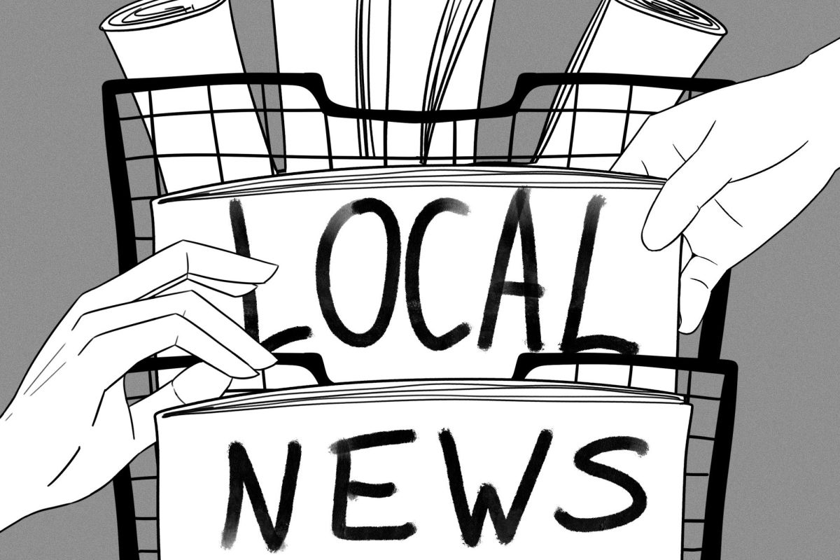 A greyscale illustration of a stand of newspapers with hands reaching to grab them. On the middle newspaper is “LOCAL” and on the newspaper below is “NEWS.”