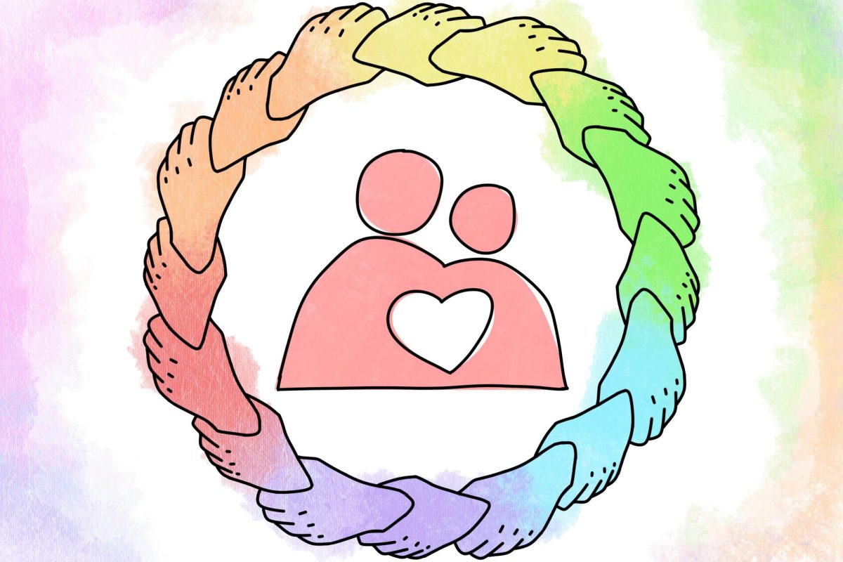 An illustration of a rainbow-colored circle of holding hands. Inside the circle, there is an illustration of two people next to each other with a heart between them.