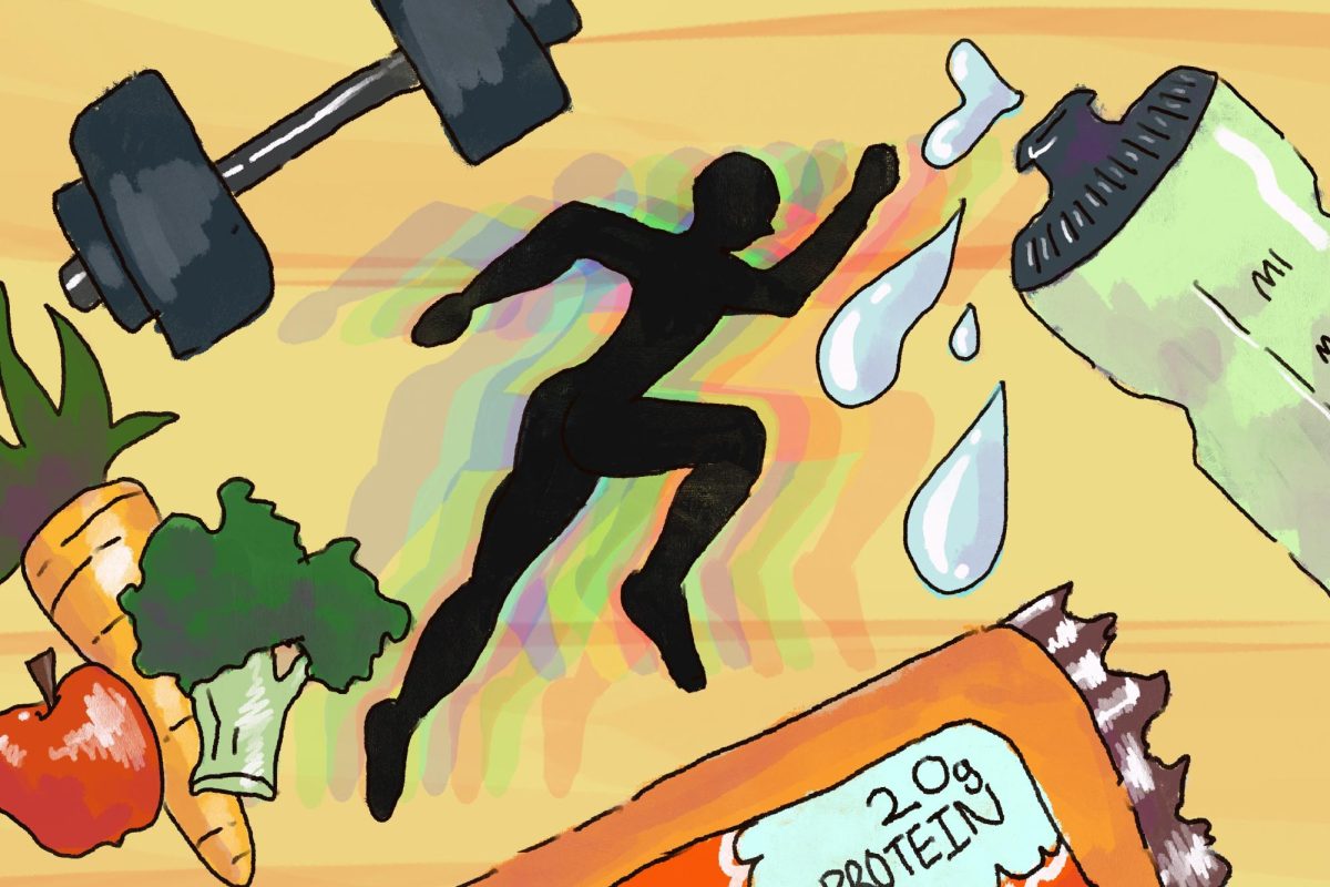 An illustration of a black silhouette running. They are surrounded by illustrations of a leaking water bottle, a dumbbell, fruits, vegetables and a protein bar that says “20g PROTEIN.”