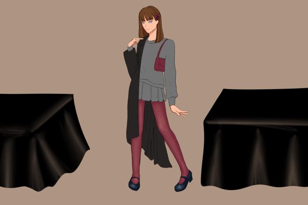 An illustration of a girl with brown hair and bangs wearing a gray sweater and skirt with maroon tights and a long black coat.