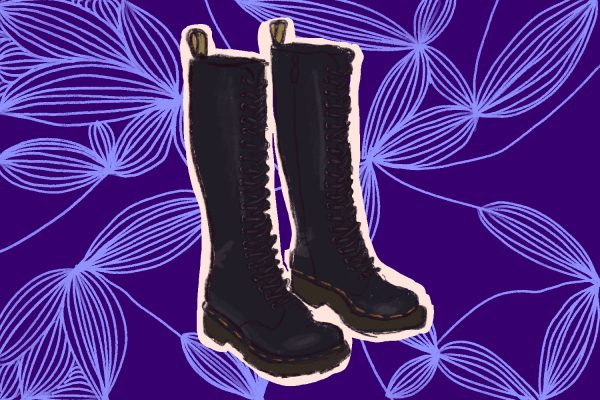 An illustration of tall black boots on a purple background.