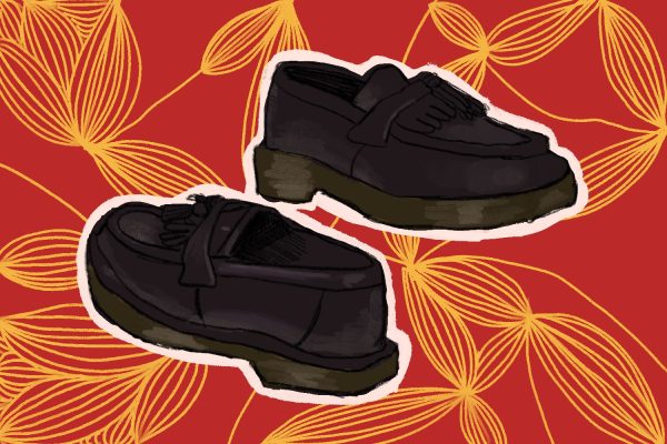 An illustration of black leather loafers with tassels against a red and yellow background.