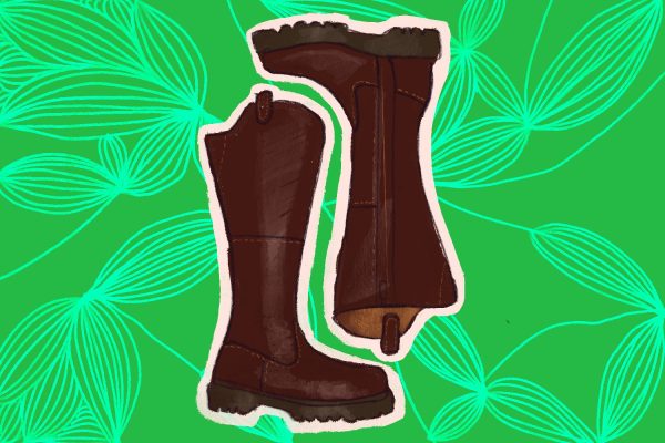 An illustration of tall brown boots on a green background with a light green leaf outline