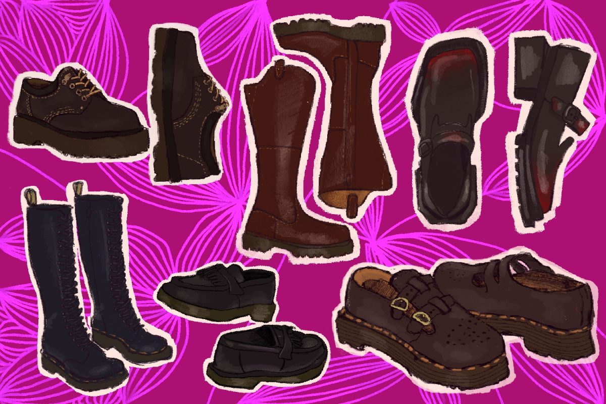 Six pairs of various boots and loafers against a magenta background.