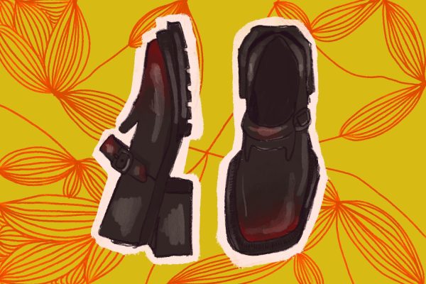 An illustration of square toed Mary Jane black shoes that have a red gradient at the tip. They are against a yellow and orange background.