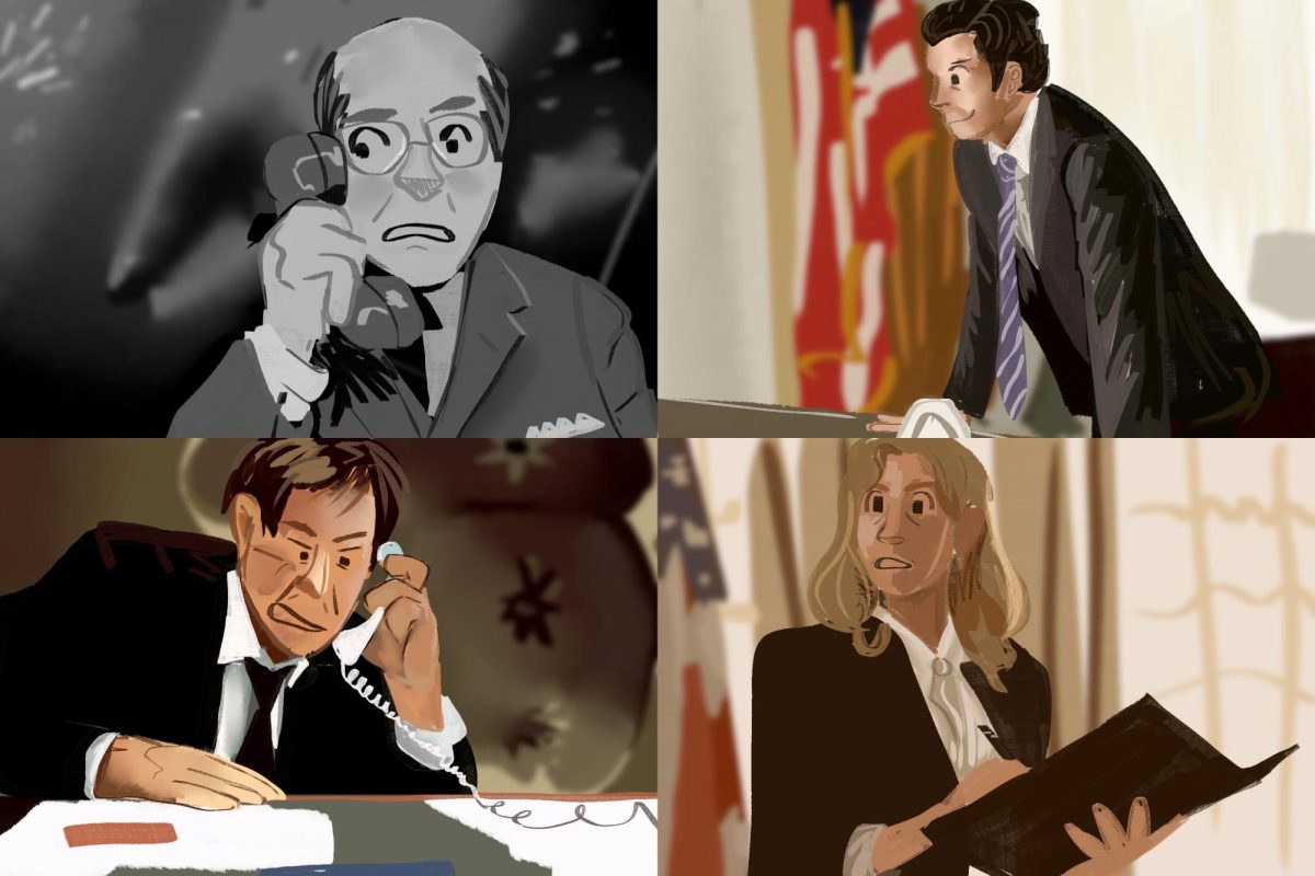 Four different illustrations of people in offices representing different fictional presidents.