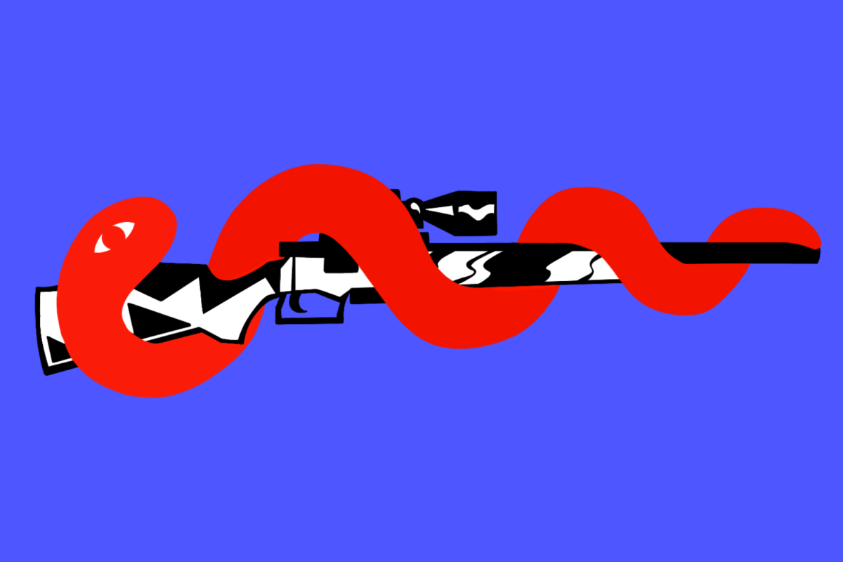 A red snake wrapped around a black and white rifle like the Rod of Ascelpius, in front of a blue background.