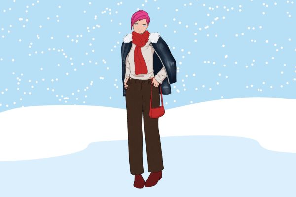 An illustration of a girl with short pink hair standing in the snow wearing a sweater, long pants, a puffer jacket and a red scarf.