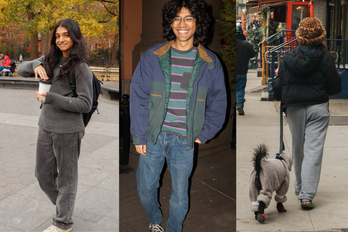 A collage of three people wearing outfits in the street.