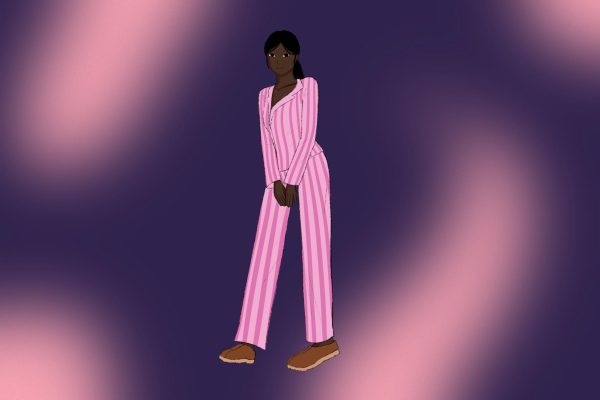 An illustration of a girl wearing pink striped pajamas.