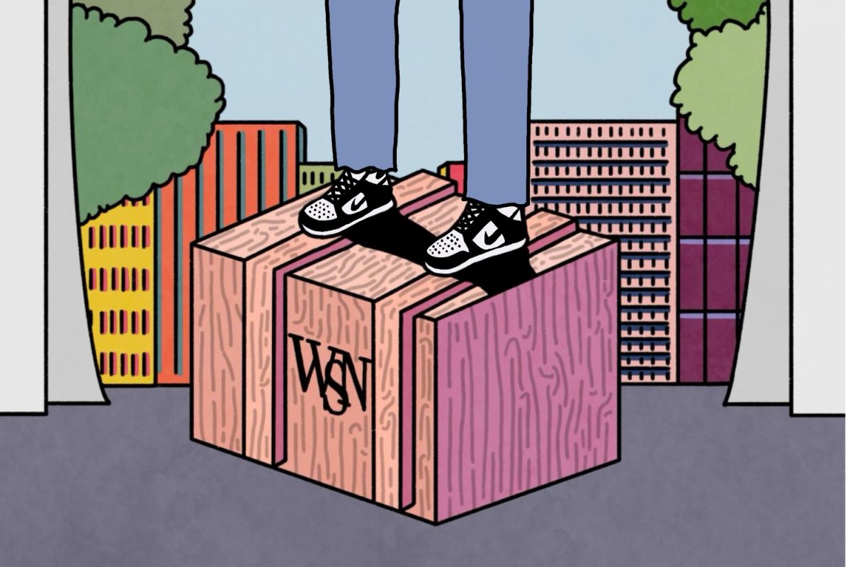 An illustration of a wooden box with a person wearing Nike sneakers on top, surrounded by buildings and trees.